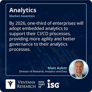 By 2026, one-third of enterprises will adopt embedded analytics to support their CI/CD processes, providing more agility and better governance to their analytics processes.