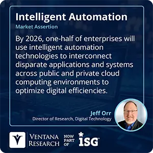 By 2026, one-half of enterprises will use intelligent automation technologies to interconnect disparate applications and systems across public and private cloud computing environments to optimize digital efficiencies. 