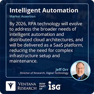 By 2026, RPA technology will evolve to address the broader needs of intelligent automation and distributed cloud architectures, and will be delivered as a SaaS platform, reducing the need for complex infrastructure setup and maintenance.