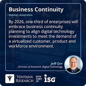 By 2026, one-third of enterprises will embrace business continuity planning to align digital technology investments to meet the demand of a virtualized customer, product and workforce environment. 