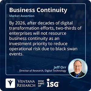 By 2026, after decades of digital transformation efforts, two-thirds of enterprises will not resource business continuity as an investment priority to reduce operational risk due to black swan events. 