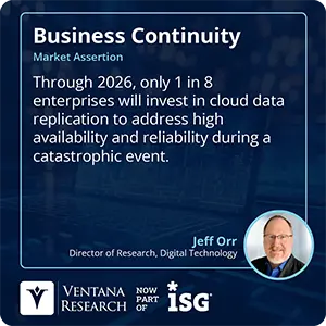 Through 2026, only 1 in 8 enterprises will invest in cloud data replication to address high availability and reliability during a catastrophic event.