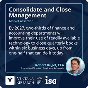 By 2027, two-thirds of finance and accounting departments will improve their use of readily available technology to close quarterly books within six business days, up from one-half that can do it today. 