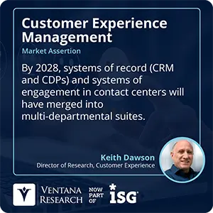 By 2028, systems of record (CRM and CDPs) and systems of engagement in contact centers will have merged into multi-departmental suites.