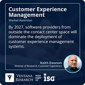 By 2027, software providers from outside the contact center space will dominate the deployment of customer experience management systems.