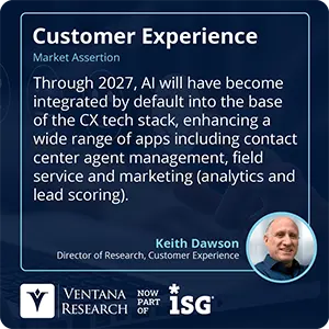 Through 2027, AI will have become integrated by default into the base of the CX tech stack, enhancing a wide range of apps including contact center agent management, field service and marketing (analytics and lead scoring).