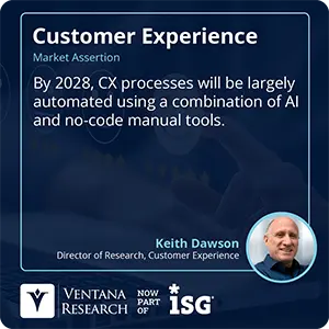 By 2028, CX processes will be largely automated using a combination of AI and no-code manual tools. 