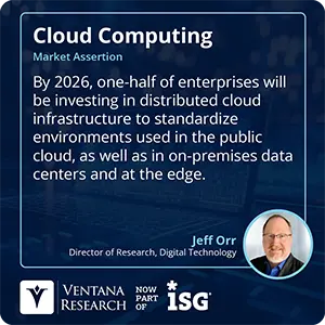 By 2026, one-half of enterprises will be investing in distributed cloud infrastructure to standardize environments used in the public cloud, as well as in on-premises data centers and at the edge. 