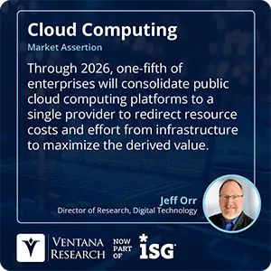 Through 2026, one-fifth of enterprises will consolidate public cloud computing platforms to a single provider to redirect resource costs and effort from infrastructure to maximize the derived value. 