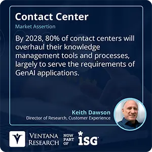 By 2028, 80% of contact centers will overhaul their knowledge management tools and processes, largely to serve the requirements of GenAI applications. 
