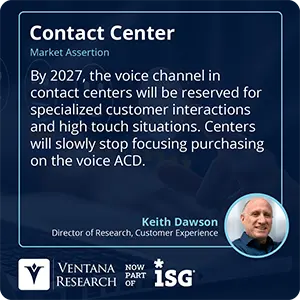 By 2027, the voice channel in contact centers will be reserved for specialized customer interactions and high touch situations. Centers will slowly stop focusing purchasing on the voice ACD.