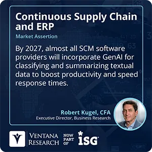 By 2027, almost all SCM software providers will incorporate GenAI for classifying and summarizing textual data to boost productivity and speed response times.