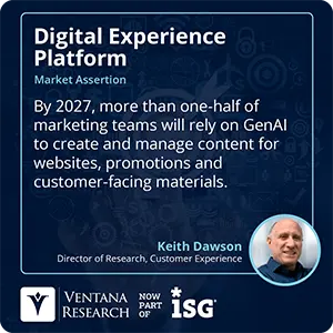 By 2027, more than one-half of marketing teams will rely on GenAI to create and manage content for websites, promotions and customer-facing materials.