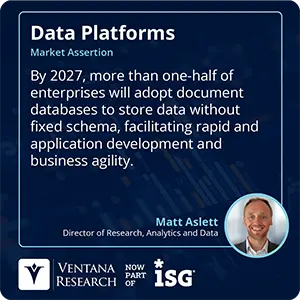 By 2027, more than one-half of enterprises will adopt document databases to store data without fixed schema, facilitating rapid and application development and business agility.