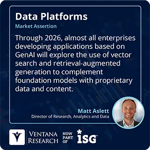 Through 2026, almost all enterprises developing applications based on GenAI will explore the use of vector search and retrieval-augmented generation to complement foundation models with proprietary data and content.