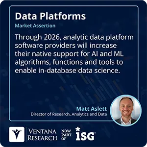 Through 2026, analytic data platform software providers will increase their native support for AI and ML algorithms, functions and tools to enable in-database data science. 