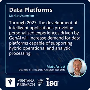 Through 2027, the development of intelligent applications providing personalized experiences driven by GenAI will increase demand for data platforms capable of supporting hybrid operational and analytic processing. 