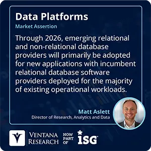 Through 2026, emerging relational and non-relational database providers will primarily be adopted for new applications with incumbent relational database software providers deployed for the majority of existing operational workloads.