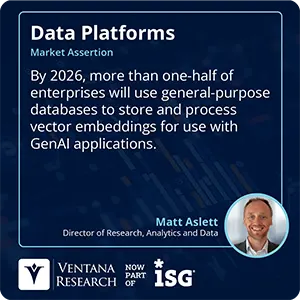 By 2026, more than one-half of enterprises will use general-purpose databases to store and process vector embeddings for use with GenAI applications. 