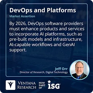 By 2026, DevOps software providers must enhance products and services to incorporate AI platforms, such as pre-built models and infrastructure, AI-capable workflows and GenAI support.