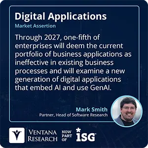 Through 2027, one-fifth of enterprises will deem the current portfolio of business applications as ineffective in existing business processes and will examine a new generation of digital applications that embed AI and use GenAI.