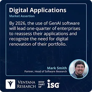 By 2026, the use of GenAI software will lead one-quarter of enterprises to reassess their applications and recognize the need for digital renovation of their portfolio.