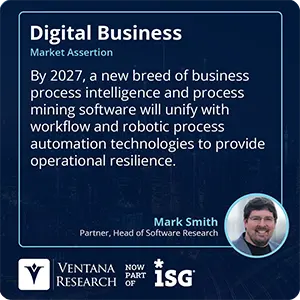 By 2027, a new breed of business process intelligence and process mining software will unify with workflow and robotic process automation technologies to provide operational resilience.