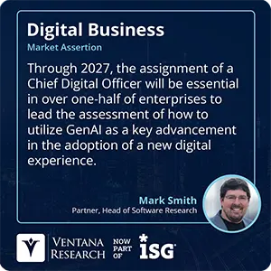 Through 2027, the assignment of a Chief Digital Officer will be essential in over one-half of enterprises to lead the assessment of how to utilize GenAI as a key advancement in the adoption of a new digital experience.