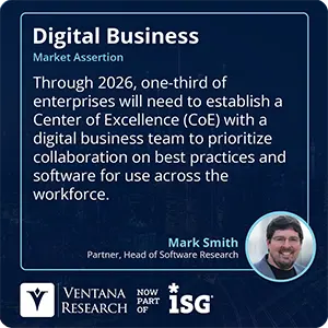 Through 2026, one-third of enterprises will need to establish a Center of Excellence (CoE) with a digital business team to prioritize collaboration on best practices and software for use across the workforce. 