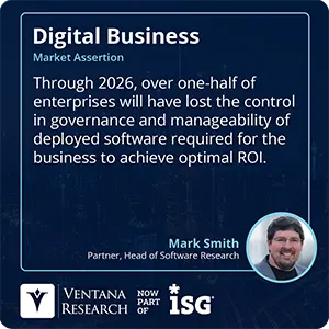 Through 2026, over one-half of enterprises will have lost the control in governance and manageability of deployed software required for the business to achieve optimal ROI. 