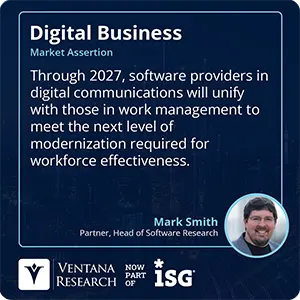 Through 2027, software providers in digital communications will unify with those in work management to meet the next level of modernization required for workforce effectiveness.