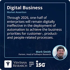 Through 2026, one-half of enterprises will remain digitally ineffective in the deployment of automation to achieve the business priorities for customer-, product- and people-related processes. 
