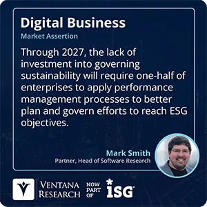 Through 2027, the lack of investment into governing sustainability will require one-half of enterprises to apply performance management processes to better plan and govern efforts to reach ESG objectives. 