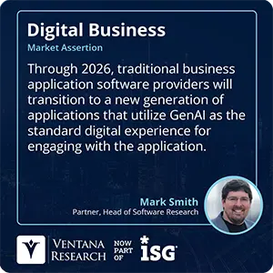 Through 2026, traditional business application software providers will transition to a new generation of applications that utilize GenAI as the standard digital experience for engaging with the application.