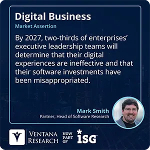 By 2027, two-thirds of enterprises’ executive leadership teams will determine that their digital experiences are ineffective and that their software investments have been misappropriated. 