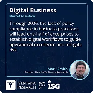 Through 2026, the lack of policy compliance in business processes will lead one-half of enterprises to establish digital workflows to guide operational excellence and mitigate risk.