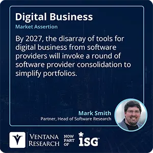 By 2027, the disarray of tools for digital business from software providers will invoke a round of software provider consolidation to simplify portfolios.