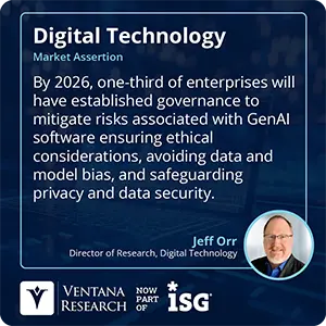 By 2026, one-third of enterprises will have established governance to mitigate risks associated with GenAI software ensuring ethical considerations, avoiding data and model bias, and safeguarding privacy and data security.