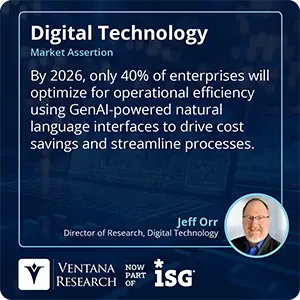By 2026, only 40% of enterprises will optimize for operational efficiency using GenAI-powered natural language interfaces to drive cost savings and streamline processes.