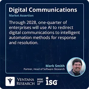 Through 2028, one-quarter of enterprises will use AI to redirect digital communications to intelligent automation methods for response and resolution.