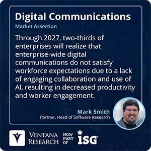 Through 2027, two-thirds of enterprises will realize that enterprise-wide digital communications do not satisfy workforce expectations due to a lack of engaging collaboration and use of AI, resulting in decreased productivity and worker engagement.