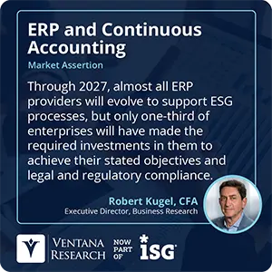 Through 2027, almost all ERP providers will evolve to support ESG processes, but only one-third of enterprises will have made the required investments in them to achieve their stated objectives and legal and regulatory compliance. 