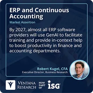 By 2027, almost all ERP software providers will use GenAI to facilitate training and provide in-context help to boost productivity in finance and accounting departments.