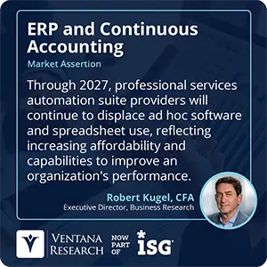Through 2027, professional services automation suite providers will continue to displace ad hoc software and spreadsheet use, reflecting increasing affordability and capabilities to improve an organization's performance.