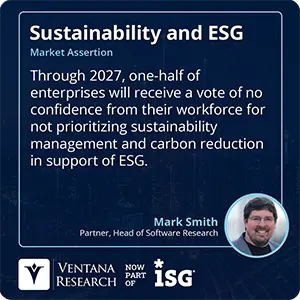 Through 2027, one-half of enterprises will receive a vote of no confidence from their workforce for not prioritizing sustainability management and carbon reduction in support of ESG.