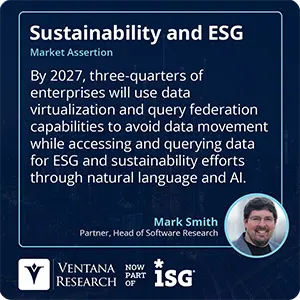 By 2027, three-quarters of enterprises will use data virtualization and query federation capabilities to avoid data movement while accessing and querying data for ESG and sustainability efforts through natural language and AI.
