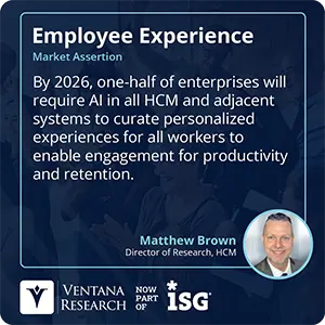 By 2026, one-half of enterprises will require AI in all HCM and adjacent systems to curate personalized experiences for all workers to enable engagement for productivity and retention. 