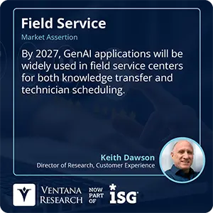 By 2027, GenAI applications will be widely used in field service centers for both knowledge transfer and technician scheduling.