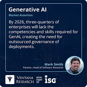 By 2026, three-quarters of enterprises will lack the competencies and skills required for GenAI, creating the need for outsourced governance of deployments. 