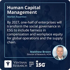 By 2027, one-half of enterprises will transform the social governance in ESG to include fairness in compensation and workplace equity for global operations and the supply chain. 